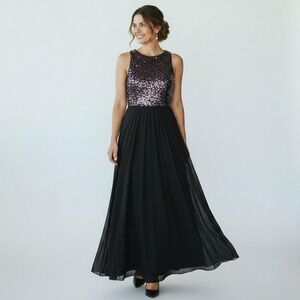 Badgley Mischka Collection Black Silver Sequin Pleated Chiffon Pant Gown 14